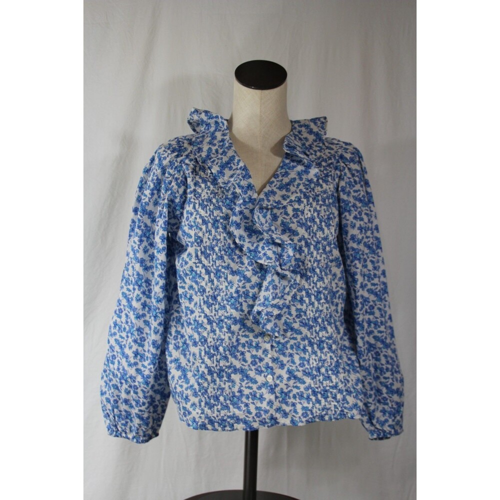 GAP Women's Floral Ruffle Poet Blouse Top Sz S Blue White Puff Sleeve Cotton NEW